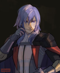 Rule 34 | 1boy, adjusting hair, androgynous, armor, artist name, black background, blue eyes, blue hair, cape, eyebrows, fire emblem, fire emblem: three houses, gloves, hair between eyes, hand on own hip, highres, lips, long hair, looking at viewer, male focus, nintendo, pale skin, purple cape, shirt, shoulder armor, smile, solo, solo focus, sunlight, twitter username, viria13, watermark, white shirt, yuri leclerc