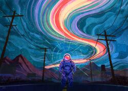 Rule 34 | 1other, astronaut, chromatic aberration, commentary request, halo, halo behind head, highres, highway, mountainous horizon, namiki kazama, original, power lines, psychedelic, road, signature, sky, solo, spacesuit, star (sky), starry sky, utility pole, water tower, wide sleeves