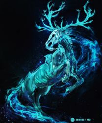 Rule 34 | antlers, blue theme, character request, commentary, dated, deer, elden ring, english commentary, highres, horns, monochrome, no humans, rearing, regal ancestor spirit, shimhaq, signature