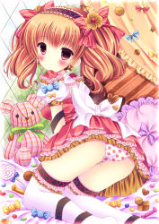 Rule 34 | 1girl, ass, bad id, bad pixiv id, bed, bow, brown hair, candy, chocolate, chocolate heart, cookie, curtains, dress, food, food print, frilled pillow, frilled thighhighs, frills, from behind, hair bow, hairband, heart, highres, jelly bean, kouta., lolita hairband, lollipop, looking at viewer, looking back, original, panties, petticoat, pillow, pink eyes, print panties, strawberry panties, strawberry print, stuffed animal, stuffed toy, swirl lollipop, teddy bear, thighhighs, twintails, underwear, white thighhighs