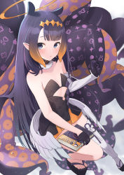 Rule 34 | 1girl, ao-chan (ninomae ina&#039;nis), asymmetrical gloves, bare shoulders, black collar, black dress, black gloves, black hair, blue eyes, blunt bangs, blush, book, collar, cutout above navel, detached sleeves, dress, feathered wings, flat chest, from above, fur-trimmed collar, fur trim, gloves, gradient hair, half gloves, halo, headpiece, highres, holding, holding book, hololive, hololive english, long hair, looking at viewer, low wings, mole, mole under eye, multicolored hair, ninomae ina&#039;nis, ninomae ina&#039;nis (1st costume), okobo, orange hair, parted lips, pointy ears, sandals, short dress, sidelocks, single detached sleeve, single half glove, single thighhigh, solo, strapless, strapless dress, surprised, tabi, tentacle hair, tentacles, thighhighs, tube dress, uneven gloves, very long hair, virtual youtuber, white thighhighs, white wings, wings, yudetama