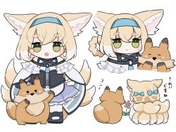 Rule 34 | :d, ^ ^, animal, animal ear fluff, animal ears, arknights, bare shoulders, black footwear, black gloves, blue bow, blue hairband, blush stickers, bow, braid, braided hair rings, brown hair, chibi, closed eyes, closed mouth, commentary request, flower, fox, fox ears, fox girl, fox tail, frilled skirt, frills, gloves, green eyes, hair between eyes, hair bow, hair rings, hairband, highres, kitsune, kyuubi, multiple tails, multiple views, open mouth, pantyhose, purple skirt, red flower, shirt, shoes, short eyebrows, simple background, single glove, single wrist cuff, skirt, smile, someyaya, suzuran (arknights), tail, thick eyebrows, translation request, twin braids, white background, white hair, white legwear, white shirt, wrist cuffs