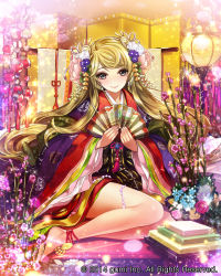 Rule 34 | 1girl, anklet, barefoot, blonde hair, blue eyes, blush, closed mouth, company name, earrings, eu (euspia), flower, hair flower, hair ornament, hand fan, holding, holding fan, japanese clothes, jewelry, kimono, long hair, looking at viewer, maboroshi juuhime, sitting, smile, solo
