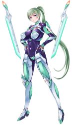 Rule 34 | 1girl, armor, bodysuit, breasts, female focus, full body, green hair, highres, large breasts, leana freed, long hair, ponytail, purple eyes, shiny skin, simple background, solo, standing, sword, taimanin (series), taimanin asagi, taimanin asagi kessen arena, very long hair, vuccha, weapon