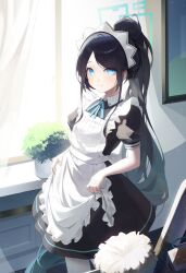 Rule 34 | &lt;key&gt; (robot) (blue archive), 1girl, absurdly long hair, absurdres, apron, aris (blue archive), aris (maid) (blue archive), black dress, black hair, blue archive, blue eyes, blush, closed mouth, curtains, dress, frilled apron, frills, green halo, halo, haruurii, highres, indoors, long hair, looking at viewer, maid, maid apron, maid headdress, official alternate costume, pantyhose, plant, ponytail, potted plant, puffy short sleeves, puffy sleeves, short sleeves, smile, solo, very long hair, white apron, white pantyhose, window