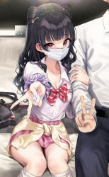 Rule 34 | 1boy, 1girl, arm hug, bag, black hair, blouse, blunt bangs, breasts, cardigan, cardigan around waist, cleavage, clothes around waist, collarbone, condom, condom box, feet out of frame, foreshortening, formal, gyaru, gyaru v, head out of frame, hetero, highres, idolmaster, idolmaster shiny colors, indoors, kogal, long hair, looking at viewer, loose necktie, mayuzumi fuyuko, mirei, nail polish, necktie, on bed, open collar, pink skirt, plaid, plaid skirt, pleated skirt, producer (idolmaster), school bag, school uniform, scrunchie, shirt, shirt tucked in, sitting, skirt, skirt rolled up, sleeves rolled up, two side up, v, wavy hair, white mask, white shirt, wrist scrunchie, yellow cardigan