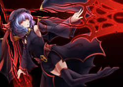 Rule 34 | 1girl, alternate costume, armpits, bare shoulders, bat wings, black background, black footwear, black thighhighs, boots, commentary, dark persona, detached sleeves, dual wielding, hat, hat ribbon, high heel boots, high heels, highres, holding, holding weapon, inyuppo, light purple hair, long sleeves, looking away, mob cap, parted lips, plantar flexion, pointy ears, polearm, red eyes, remilia scarlet, ribbon, shiny skin, skindentation, slit pupils, solo, spear, spear the gungnir, thigh boots, thighhighs, touhou, vampire, weapon, wide sleeves, wings
