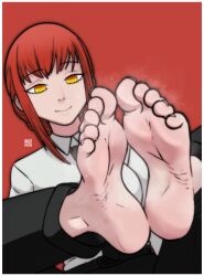 Rule 34 | 1girl, barefoot, chainsaw man, feet, highres, long hair, makima (chainsaw man), red hair, smile, soles, steam, toes, yellow eyes