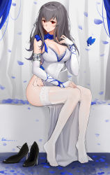 Rule 34 | 1girl, 2020, absurdres, azur lane, bare shoulders, black footwear, blue butterfly, blue scarf, breasts, bug, butterfly, china dress, chinese clothes, cleavage, dress, elbow gloves, evening gown, feet, fingerless gloves, gloves, grey hair, high heels, highres, insect, large breasts, long hair, mary janes, mole, mole under eye, no panties, red eyes, saint-louis (azur lane), saint-louis (holy knight&#039;s resplendence) (azur lane), saint-louis (holy knight&#039;s resplendence) (azur lane), scarf, shoes, unworn shoes, sleeveless, sleeveless dress, soles, thighhighs, toes, unique (pixiv12704744), white dress, white gloves, white thighhighs