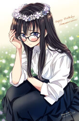Rule 34 | 1girl, artist name, black-framed eyewear, black hair, blue skirt, blurry, blurry background, blush, character name, closed mouth, collared shirt, commentary request, dated, english text, fingernails, flower, flower wreath, glasses, grass, happy birthday, head wreath, himawari-san, himawari-san (character), long hair, long skirt, looking at viewer, outdoors, purple eyes, purple flower, shirt, signature, sitting, skirt, sleeves rolled up, solo, sugano manami, white flower, white shirt