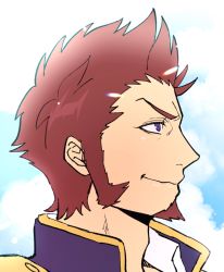Rule 34 | 1boy, backlighting, blue eyes, brown hair, chako nejio, close-up, collar, facial hair, fate/grand order, fate (series), flat color, from side, goatee, long sideburns, looking at another, male focus, manly, military, military uniform, napoleon bonaparte (fate), short hair, sideburns, simple background, smile, solo, uniform