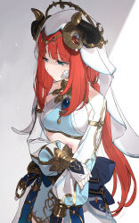 Rule 34 | 1girl, absurdres, armlet, bandage on face, bandaged arm, bandages, blue skirt, bracer, breasts, brooch, commentary, domestic violence, fake horns, genshin impact, green eyes, hair ornament, harem outfit, highres, horns, jewelry, long hair, long sleeves, looking away, low twintails, medium breasts, nanmo (nanmokamo), neck ring, nilou (genshin impact), puffy long sleeves, puffy sleeves, red hair, sad, sash, sidelocks, skirt, solo, twintails, veil