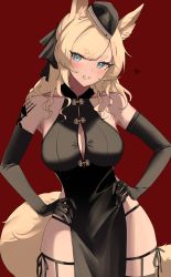 Rule 34 | 1girl, 360 (taiyo360), :d, absurdres, alternate costume, animal ear fluff, animal ears, arknights, bare shoulders, black gloves, black pantyhose, black ribbon, blonde hair, blue eyes, blush, breasts, china dress, chinese clothes, cleavage, cleavage cutout, clothing cutout, cowboy shot, dress, elbow gloves, garrison cap, gloves, grin, hands on own hips, hat, head tilt, heart, highres, horse ears, horse girl, horse tail, large breasts, long hair, open mouth, pantyhose, parted lips, pelvic curtain, red background, ribbon, shoulder tattoo, simple background, sleeveless, sleeveless dress, smile, solo, tail, tattoo, thigh strap, whislash (arknights)