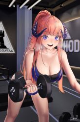 Rule 34 | 1girl, :d, absurdres, alternate costume, alternate hairstyle, arknights, bagpipe (arknights), bare shoulders, bent over, bike shorts, black shorts, blunt bangs, blush, breasts, cleavage, collarbone, dumbbell, exercising, feet out of frame, geomiddang, highres, indoors, large breasts, long hair, looking at viewer, open mouth, orange hair, ponytail, purple eyes, revision, rhodes island logo (arknights), shorts, signature, smile, solo, sports bra, standing, steaming body, teeth, upper teeth only, very long hair, weightlifting