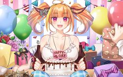 Rule 34 | 1girl, birthday, birthday cake, blush, bow, breasts, cake, camisole, confetti, dated, diagonal-striped bow, dragon girl, dragon horns, english text, food, frilled camisole, frills, gift, happy birthday, heart, highres, hololive, horn bow, horn ornament, horns, kiryu coco, kiryu coco (loungewear), large breasts, long hair, looking at viewer, maroonabyss, multicolored bow, multicolored hair, official alternate costume, open mouth, orange hair, pointy ears, purple eyes, smile, solo focus, streaked hair, twintails, virtual youtuber, white camisole