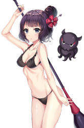 Rule 34 | 1girl, animal, arm up, bad id, bad pixiv id, bare arms, bare shoulders, bikini, black bikini, blush, breasts, calligraphy brush, cleavage, commentary request, fate/grand order, fate (series), groin, hair bun, hair ornament, harimoji, holding, holding paintbrush, katsushika hokusai (fate), looking at viewer, medium breasts, octopus, oversized object, paintbrush, parted lips, purple eyes, purple hair, simple background, single hair bun, solo, swimsuit, white background
