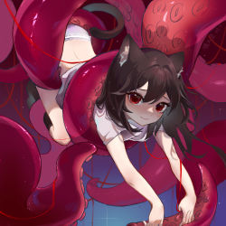 Rule 34 | 1girl, absurdres, animal ear fluff, animal ears, black socks, brown hair, carrying, carrying person, cat ears, cat tail, chinese commentary, commentary request, highres, kneehighs, linjiiyu ly9, long hair, looking at viewer, no pants, original, panties, red eyes, shirt, short sleeves, smile, socks, string, tail, tentacles, underwear, white panties, white shirt