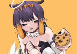 Rule 34 | 1girl, a:n (angrynum), black dress, black nails, blush, collarbone, cookie, detached sleeves, dress, flat chest, food, foreshortening, half-closed eyes, halo, highres, holding, holding cookie, holding food, holding leash, hololive, hololive english, leash, looking at viewer, mole, mole under eye, nail polish, ninomae ina&#039;nis, pointy ears, purple eyes, purple hair, simple background, single detached sleeve, smile, solo, strapless, strapless dress, tentacle hair, tube dress, virtual youtuber, yellow background