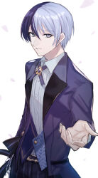 Rule 34 | 1boy, aoki shizumi, aoyagi touya, blazer, blue hair, blue jacket, blue pants, bolo tie, collared shirt, grey background, grey eyes, highres, jacket, looking at viewer, male focus, mole, mole under eye, multicolored hair, outstretched arm, pants, petals, project sekai, purple petals, shirt, smile, solo, split-color hair, teeth, white shirt