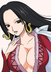 Rule 34 | 1girl, black hair, boa hancock, breasts, cape, cleavage, earrings, female focus, highres, jacket, jewelry, long hair, one piece, red jacket, solo
