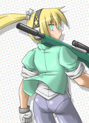 Rule 34 | 1girl, ass, blonde hair, ear protection, gloves, green eyes, gun, hair ribbon, iris (material sniper), kyuuogire kichion, looking back, material sniper, no pants, over shoulder, panties, panties under pantyhose, pantyhose, pantylines, ponytail, ribbon, rifle, sleeves rolled up, sniper rifle, solo, underwear, weapon, weapon over shoulder, white gloves