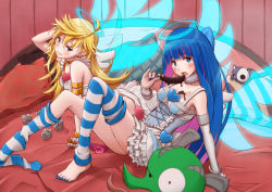 Rule 34 | 10s, 2girls, armband, barefoot, blonde hair, blue eyes, blue hair, blue nails, blush, bow, chocolate, chuck (psg), dress, earrings, feet, food, hair bow, halo, jewelry, legs, long hair, long legs, looking at viewer, multicolored hair, multiple girls, murata isshin, nail polish, panty &amp; stocking with garterbelt, panty (psg), sexually suggestive, siblings, sisters, stocking (psg), striped legwear, thighhighs, toenail polish, toenails, toes, two-tone hair, wings