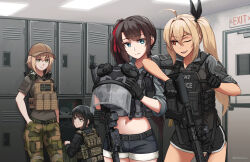 Rule 34 | 4girls, ;d, ahoge, belt, belt buckle, black belt, black gloves, black jacket, black ribbon, black shorts, blonde hair, bow, brown hair, buckle, camouflage, camouflage pants, closed mouth, commentary, commentary request, commission, crop top, door, english commentary, gloves, grey headwear, grey jacket, gun, h&amp;k mp7, hair between eyes, hair bow, hair intakes, hair ribbon, hand in pocket, helmet, highres, holding, holding helmet, indoors, jacket, locker, locker room, midriff, multiple girls, navel, ndtwofives, one eye closed, one side up, open mouth, original, pants, personal defense weapon, red bow, red eyes, ribbon, short sleeves, shorts, side ponytail, smile, squatting, submachine gun, suppressor, termichan (not-a-bot), unworn headwear, unworn helmet, weapon, yellow eyes