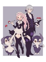 Rule 34 | 1boy, 1girl, alternate hair color, black thighhighs, bridal gauntlets, butler, creatures (company), do m kaeru, felicia (fire emblem), fire emblem, fire emblem fates, game freak, gen 8 pokemon, grey hair, indeedee, jakob (fire emblem), long hair, looking at viewer, low ponytail, maid, maid headdress, nintendo, parted lips, poke ball, pokemon, ponytail, smile, thighhighs, translated, tray, v-shaped eyebrows