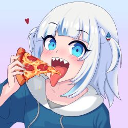 Rule 34 | blue eyes, blush, eating, food, gawr gura, highres, hololive, hololive english, looking at viewer, open mouth, pikopeko, pizza, pizza slice, tongue, tongue out, virtual youtuber, white hair