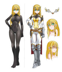 Rule 34 | 1girl, absurdres, anger vein, armor, armored boots, belt, blonde hair, blush, bodysuit, boots, braid, breasts, detached sleeves, eyebrows, closed eyes, full body, gauntlets, green eyes, hair ornament, hand on own hip, highres, long hair, multiple views, nanaya777, original, side braid, side slit, simple background, smile, tabard, tiara, upper body, variations, wavy mouth, white background
