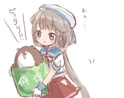Rule 34 | 1girl, 1other, blue sailor collar, bokukawauso, bucket, commentary request, cowboy shot, gloves, green eyes, grey hair, hat, hip vent, kantai collection, long hair, low twintails, mikura (kancolle), otter, pleated skirt, puffy short sleeves, puffy sleeves, red skirt, repair bucket, sailor collar, sailor hat, sailor shirt, shirt, short sleeves, simple background, skirt, translation request, twintails, white background, white gloves, white shirt, wss (nicoseiga19993411)