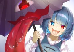 Rule 34 | 1girl, :d, blue background, blue eyes, blue hair, blue vest, blush, breasts, commentary request, gradient background, heterochromia, holding, holding umbrella, large breasts, long sleeves, looking at viewer, open mouth, piyodesu, purple umbrella, red eyes, saliva, shirt, short hair, smile, solo, tatara kogasa, tongue, tongue out, touhou, umbrella, upper body, vest, white shirt