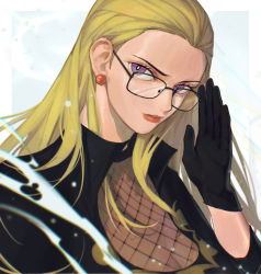 Rule 34 | 1girl, adjusting eyewear, black gloves, blonde hair, breasts, cleavage, earrings, fishnets, glasses, gloves, highres, jewelry, kalifa (one piece), large breasts, lipstick, long hair, makeup, mygiorni, one piece, portrait, purple eyes, red lips, solo
