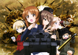 Rule 34 | 10s, 5girls, absurdres, ammunition, blowing bubbles, chewing gum, cup, darjeeling (girls und panzer), explosion, girls und panzer, headphones, highres, katyusha (girls und panzer), kay (girls und panzer), military, military vehicle, motor vehicle, multiple girls, nishizumi maho, nishizumi miho, official art, panzer iv, panzer iv, school uniform, shell (projectile), short hair, tank, teacup, throat microphone, uniform, weapon