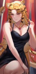 Rule 34 | 1girl, absurdres, amulet, black dress, breasts, cleavage, collarbone, commentary, dobure18, dress, english commentary, highres, jewelry, large breasts, long hair, nara haramaung, necklace, nijisanji, nijisanji id, orange eyes, orange hair, red curtains, sitting, smile, solo, spaghetti strap, striped hair, tail, tiger girl, tiger tail, tight clothes, virtual youtuber