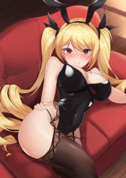Rule 34 | 1girl, animal ears, azur lane, bare shoulders, black thighhighs, blonde hair, blush, breasts, couch, eyebrows hidden by hair, fake animal ears, hair ornament, hairclip, highres, kai yuzuki, large breasts, leotard, long hair, looking at viewer, lying, nelson (azur lane), playboy bunny, rabbit ears, red eyes, solo, thighhighs, twintails