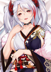 Rule 34 | 1girl, azur lane, bed, bed sheet, blush, breasts, cleavage, collarbone, cowboy shot, dakimakura (medium), japanese clothes, kimono, large breasts, looking at viewer, mole, mole on breast, multicolored hair, obi, open mouth, prinz eugen (azur lane), prinz eugen (profusion of flowers) (azur lane), red eyes, red hair, sash, silver hair, solo, tony guisado, twintails, two-tone hair, two side up