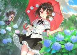 Rule 34 | 2girls, ama-tou, belt, black hair, black wings, brown hair, cellphone, checkered clothes, checkered skirt, cloud, day, dutch angle, flower, hat, himekaidou hatate, hydrangea, jpeg artifacts, long hair, looking at another, looking to the side, multiple girls, nature, necktie, open mouth, phone, pom pom (clothes), puffy sleeves, rain, rainbow, red eyes, ribbon, shameimaru aya, shirt, short hair, short sleeves, skirt, string, tokin hat, touhou, tree, twintails, umbrella, wings