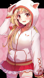 Rule 34 | 1girl, :d, animal ears, animal hood, argyle, argyle background, argyle clothes, blonde hair, blush, brown eyes, collarbone, copyright request, fake animal ears, frilled skirt, frills, highres, hood, hood up, hooded jacket, jacket, letterboxed, long hair, long sleeves, open mouth, pink background, puffy long sleeves, puffy sleeves, red skirt, skirt, sleeves past wrists, smile, solo, thighhighs, tomozero, very long hair, virtual youtuber, white jacket