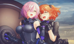 Rule 34 | 2girls, ahoge, armor, bare shoulders, black armor, black gloves, black scrunchie, black shirt, boobplate, breastplate, closed eyes, cloud, cloudy sky, collared shirt, commentary request, crying, fate/grand order, fate (series), fujimaru ritsuka (female), fujimaru ritsuka (female) (polar chaldea uniform), gauntlets, gloves, hair between eyes, hair ornament, hair scrunchie, highres, holding, holding hands, holding shield, holding weapon, mash kyrielight, multiple girls, nana73, open mouth, outdoors, pink hair, polar chaldea uniform, ponytail, scrunchie, shield, shirt, short hair, short sleeves, side ponytail, sky, smile, sweat, tearing up, tears, teeth, uniform, upper body, upper teeth only, weapon