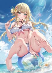 Rule 34 | 1girl, ball, bare legs, bare shoulders, barefoot, beachball, between legs, bikini, black choker, blonde hair, braid, breasts, choker, closed mouth, commentary, english commentary, feet, flower, food, front-tie bikini top, front-tie top, gomashio ponz, green eyes, hair bun, hair flower, hair ornament, halterneck, hand between legs, highres, holding, large breasts, long hair, looking at viewer, mixed-language commentary, navel, original, popsicle, single side bun, sitting, smile, soles, solo, stomach, string bikini, summer, swimsuit, thighs, toes, underboob, water, wet, white bikini