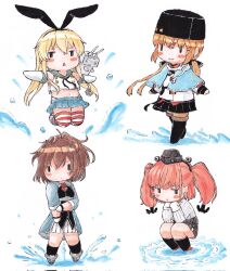 Rule 34 | anchor hair ornament, atlanta (kancolle), black headwear, black skirt, blonde hair, blue skirt, brown hair, chibi, closed mouth, corrupted twitter file, earrings, elbow gloves, fur hat, garrison cap, gloves, hair ornament, hairband, hairclip, hat, headgear, highres, jewelry, kantai collection, long hair, low twintails, multiple girls, papakha, parted lips, pleated skirt, poipoi purin, rensouhou-chan, rudder footwear, sailor collar, scarf, shawl, sheffield (kancolle), shimakaze (kancolle), skirt, squatting, standing, star (symbol), star earrings, striped clothes, striped thighhighs, tashkent (kancolle), thighhighs, triangle mouth, twintails, two side up, water, white gloves, white scarf