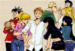 Rule 34 | 3girls, 4boys, ;p, archie, archie andrews, archie comics, arm grab, ayablue22, betty cooper, black hair, blonde hair, blue eyes, blunt bangs, burger, closed eyes, crown, eating, eye contact, food, freckles, highres, jughead jones, long hair, looking at another, midge klump, midriff, moose mason, multiple boys, multiple girls, one eye closed, orange hair, ponytail, reggie mantle, short hair, skirt, sweater, tongue, tongue out, veronica lodge