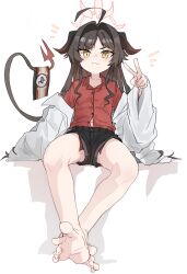 Rule 34 | 1girl, ahoge, barefoot, black hair, black horns, black shorts, black tail, blue archive, coat, coat partially removed, collared shirt, commentary request, demon horns, feet, foot focus, hair intakes, halo, highres, horns, kasumi (blue archive), knees apart feet together, lab coat, legs, off shoulder, oversized clothes, pearlgang e, pink halo, red shirt, shirt, shirt tucked in, shorts, simple background, sitting, sleeves past wrists, soles, solo, spread toes, toes, v, white background, white coat, yellow eyes