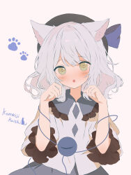 1girl :o absurdres animal_ear_fluff animal_ears black_hat blush bright_pupils buttons cat_ears cat_girl character_name cowboy_shot diamond_button frilled_shirt_collar frilled_sleeves frills green_eyes grey_hair grey_shirt grey_skirt hands_up hat highres iris-san kemonomimi_mode komeiji_koishi long_sleeves medium_hair open_mouth palette_swap paw_pose paw_print shirt simple_background skirt sleeves_rolled_up slit_pupils solo third_eye touhou upper_body wavy_hair white_background white_pupils wide_sleeves