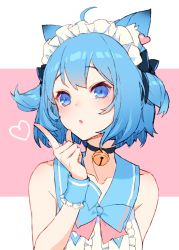 Rule 34 | 1girl, absurdres, ahoge, animal ear fluff, animal ears, animare, bare shoulders, blue eyes, blue hair, cat ears, cat girl, center frills, chestnut mouth, commentary request, dog ears, eyelashes, frills, hand up, highres, index finger raised, izumi sai, looking at viewer, nanashi inc., neck bell, pink background, raised eyebrows, solo, souya ichika, souya ichika (2nd costume), two side up, upper body, virtual youtuber