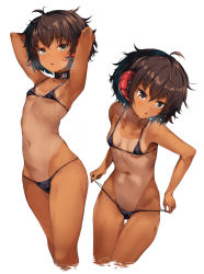 Rule 34 | 1girl, ahoge, armband, armpits, arms up, bare arms, bare shoulders, bikini, black bikini, blush, borrowed character, breasts, brown eyes, brown hair, collarbone, curled horns, hair between eyes, head tilt, horns, lifted by self, looking away, looking to the side, multiple views, nakatokung, navel, one-piece tan, original, parted lips, small breasts, strap lift, swimsuit, tan, tanline, wading, water, white background