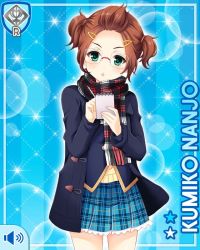 Rule 34 | 1girl, :o, blue background, blue jacket, blue necktie, brown hair, card, character name, girlfriend (kari), glasses, green eyes, hair ornament, hairclip, jacket, looking at viewer, nanjo kumiko, necktie, official art, open mouth, paper, pen, plaid, plaid skirt, qp:flapper, scarf, school uniform, skirt, solo, tagme, twintails, v-shaped eyebrows, vest, writting, yellow vest