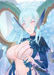 Rule 34 | + +, 1girl, blue hair, blue nails, breasts, colored eyelashes, curled horns, fate/grand order, fate (series), horns, large breasts, larva tiamat (fate), larva tiamat (third ascension) (fate), light blue hair, long hair, midriff, nail polish, navel, pink eyes, solo, stomach, tiamat (fate), upper body, very long hair, vogel