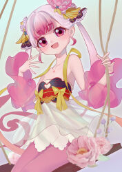 Rule 34 | 1girl, absurdres, bare shoulders, blush, borrowed character, bracelet, cowboy shot, detached sleeves, dress, flat chest, flower, gradient background, gradient hair, hair flower, hair ornament, highres, jewelry, long hair, looking at viewer, multicolored hair, murasaki satori, open mouth, original, pantyhose, pink hair, pink pantyhose, pink sleeves, red eyes, red hair, ribbon, see-through, see-through sleeves, short eyebrows, sitting, smile, solo, strapless, strapless dress, swing, twintails, two-tone hair, very long hair